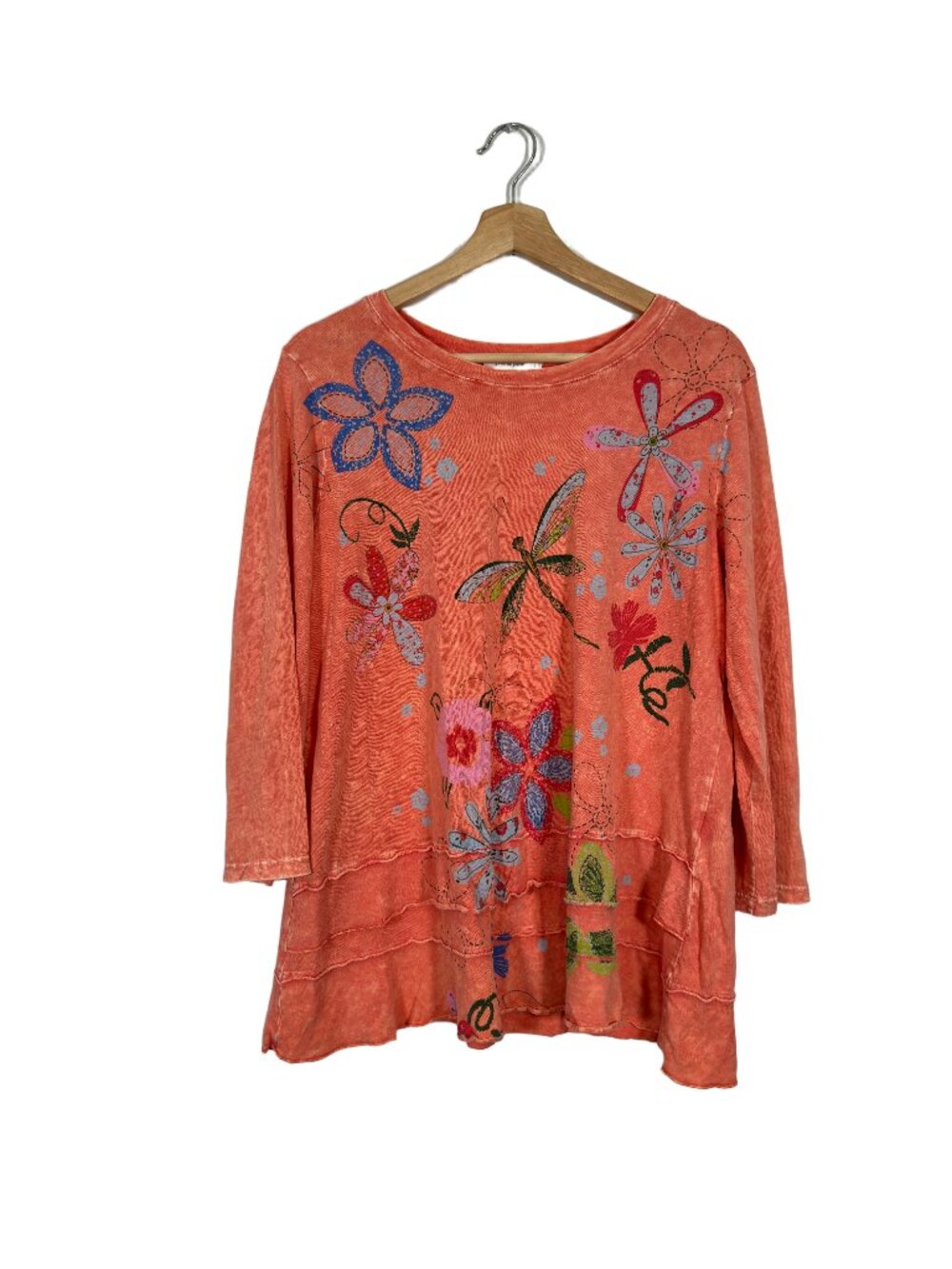 Jess & Jane Womens Floral Top Ruffles Large Coral Artsy Boho Teacher Casual Bold